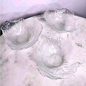 Vtg Viking Glass Cabbage Leaf Salad Bowls Lettuce Clear Set 3 MCM kitsch